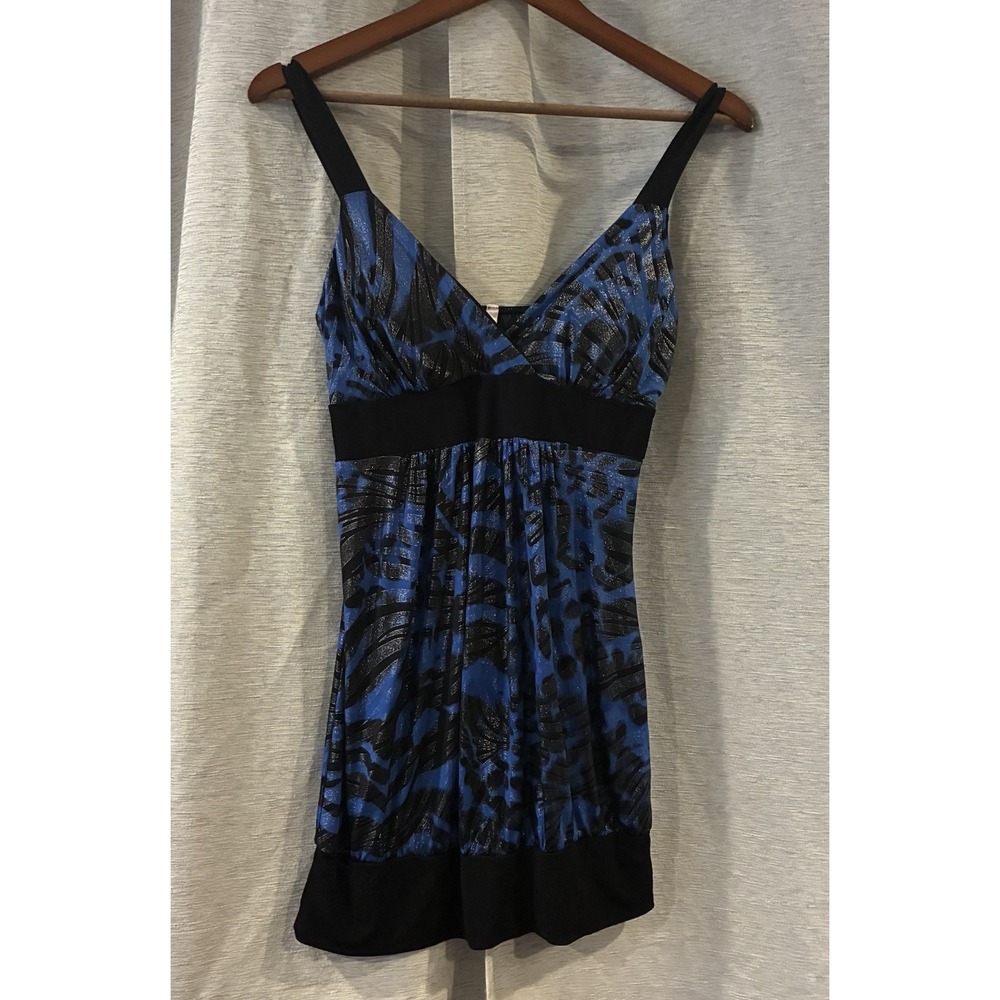 Vintage Rue 21 Y2K Babydoll Tunic Top Blue Animal Print Sleeveless Medium